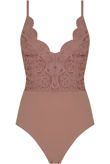 Scallop Edge Crochet Bodysuit In Pink