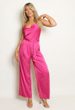 Fuchsia Satin Cowl Neck Belted Jumpsuit