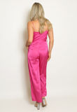Fuchsia Satin Cowl Neck Belted Jumpsuit