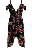Navy Floral Cross Over Ruffled Asymmetric Dress