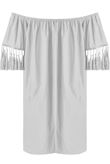 White Elasticated Off Shoulder Fringed Shift Dress