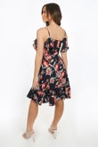 Navy Floral Cross Over Ruffled Off Shoulder Dress