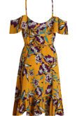 Mustard Floral Cross Over Ruffled Off Shoulder Dress