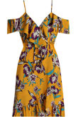 Mustard Floral Cross Over Ruffled Off Shoulder Dress