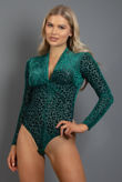 Green Velvet Leopard Print Twist Front Bodysuit