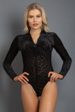 Black Velvet Leopard Print Twist Front Bodysuit