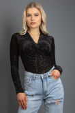 Black Velvet Leopard Print Twist Front Bodysuit