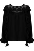 Frill Trim Blouse with Crochet Shoulders in Black