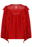 Frill Trim Blouse with Crochet Shoulders in Red