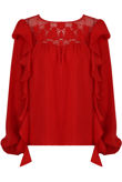 Frill Trim Blouse with Crochet Shoulders in Red