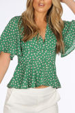 Green Polka Dots Tie Back Peplum Blouse