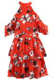 Red Choker Neck Cold Shoulder Floral Dress