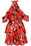 Red Choker Neck Cold Shoulder Floral Dress