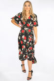 Black Floral Wrap Midi Dress