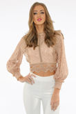 Taupe Crochet Long Sleeve Lace Tops
