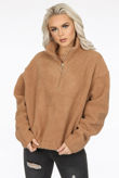 Camel Front Zip Up High Neck Fur Jumper