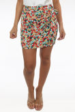 Red Floral Print Side Buckle Trim Mini Skirt