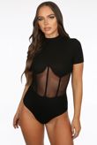 Black Netted Trim High Neck Ribbed Bodysuit