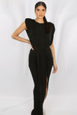 Black Pleated Trim Side Slit Asymmetric Maxi Dress