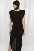 Black Pleated Trim Side Slit Asymmetric Maxi Dress
