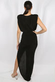 Black Pleated Trim Side Slit Asymmetric Maxi Dress