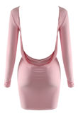 Pink Long Sleeve Mini Bodycon Dress with Draped Low Cowl Back