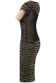 Khaki and Black Striped Knitted Net Paneled Midi Dress
