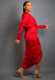 Red Ruched Satin V Neck Midi Dress