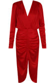 Red Ruched Satin V Neck Midi Dress