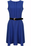 Blue Front Ruched Belted Skater Dress