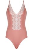 Cream Lace Border Plunge Neck Swimsuits In Rose