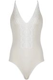 Cream Lace Border Plunge Neck Swimsuits In Cream