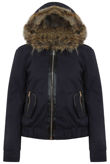  Fur Hooded Side Pocket Navy Bomber Jacket