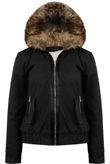 Black Fur Hooded Side Pocket Bomber Jacket