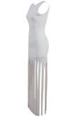  Cream Fringe Detail Open Back Maxi Dress