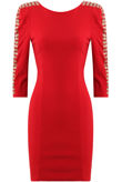 Jewel Embellished Long Sleeve Red Bodycon Dress