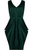 Green Satin V Neck Dress With Graduated Pleats