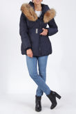 Navy Hooded Belted Puffer Jacket With Fur Trim