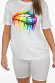 Lips Print Round Neck White Tees & Shorts Set