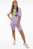 Lips Print Round Neck Lilac Tees & Shorts Set
