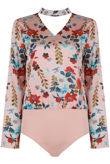 Pink Floral Printed Choker Neck Bodysuits