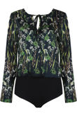 Navy Printed Tie Neck Bodysuits