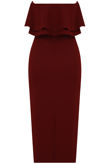 Wine Off The Shoulder Layered Frill Trim Midi Dress