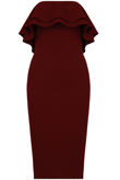 Wine Off The Shoulder Layered Frill Trim Midi Dress