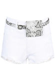 White Denim Ripped With Reptile Print Belted Shorts