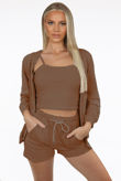 Brown 3 Piece Set Cami Short And Hoodie Set