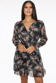 Black Contrast Floral Print Elasticated Waist Wrap Dress