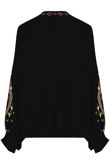 Black Floral Embroidery Front Tie Up Tops 