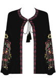 Black Floral Embroidery Front Tie Up Tops 