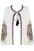 White Floral Embroidery Front Tie Up Tops 